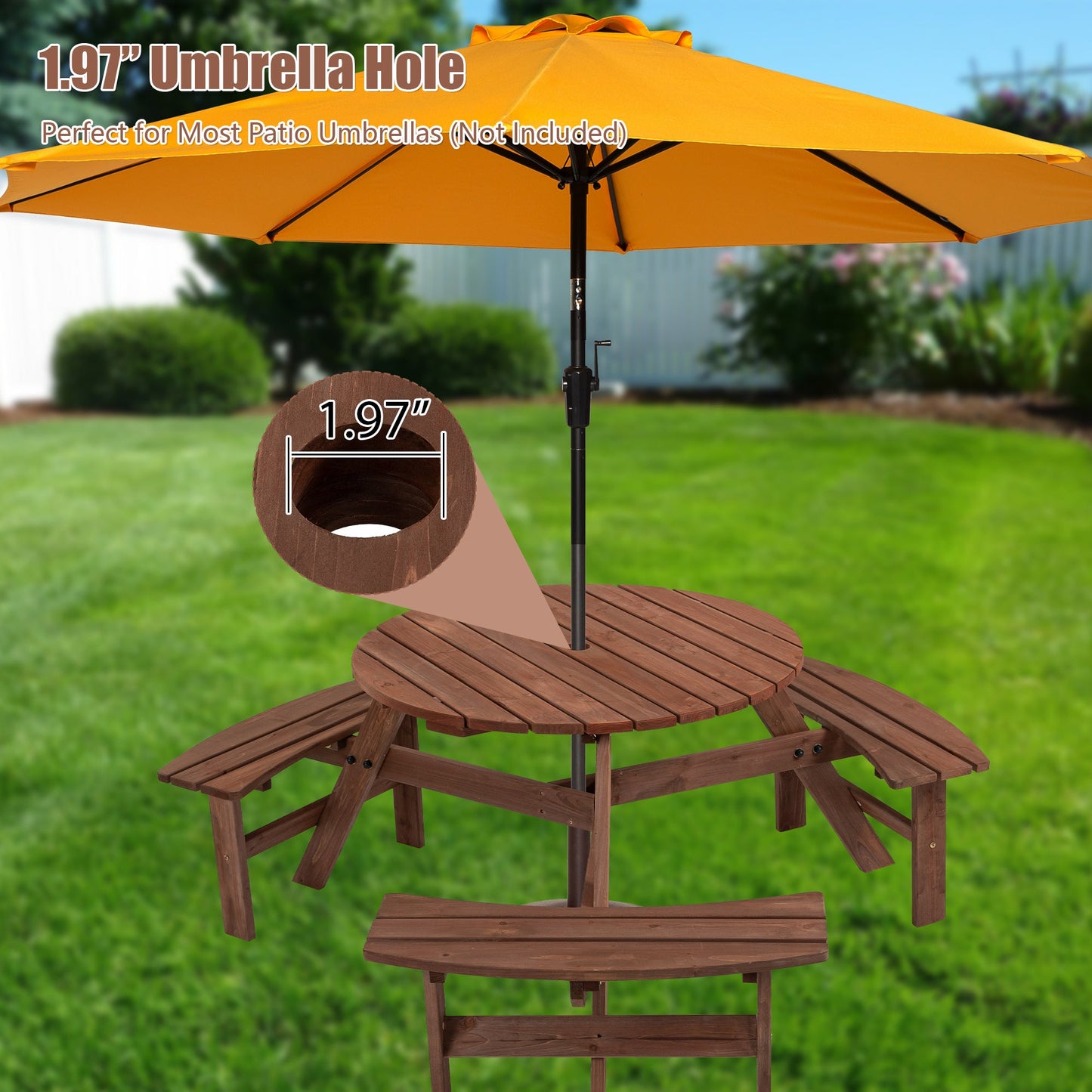 Outdoor Wooden Picnic Table 6 - Person Circular Design with Built - in Benches Brown Fir Wood - 1st Choice Furniture Direct