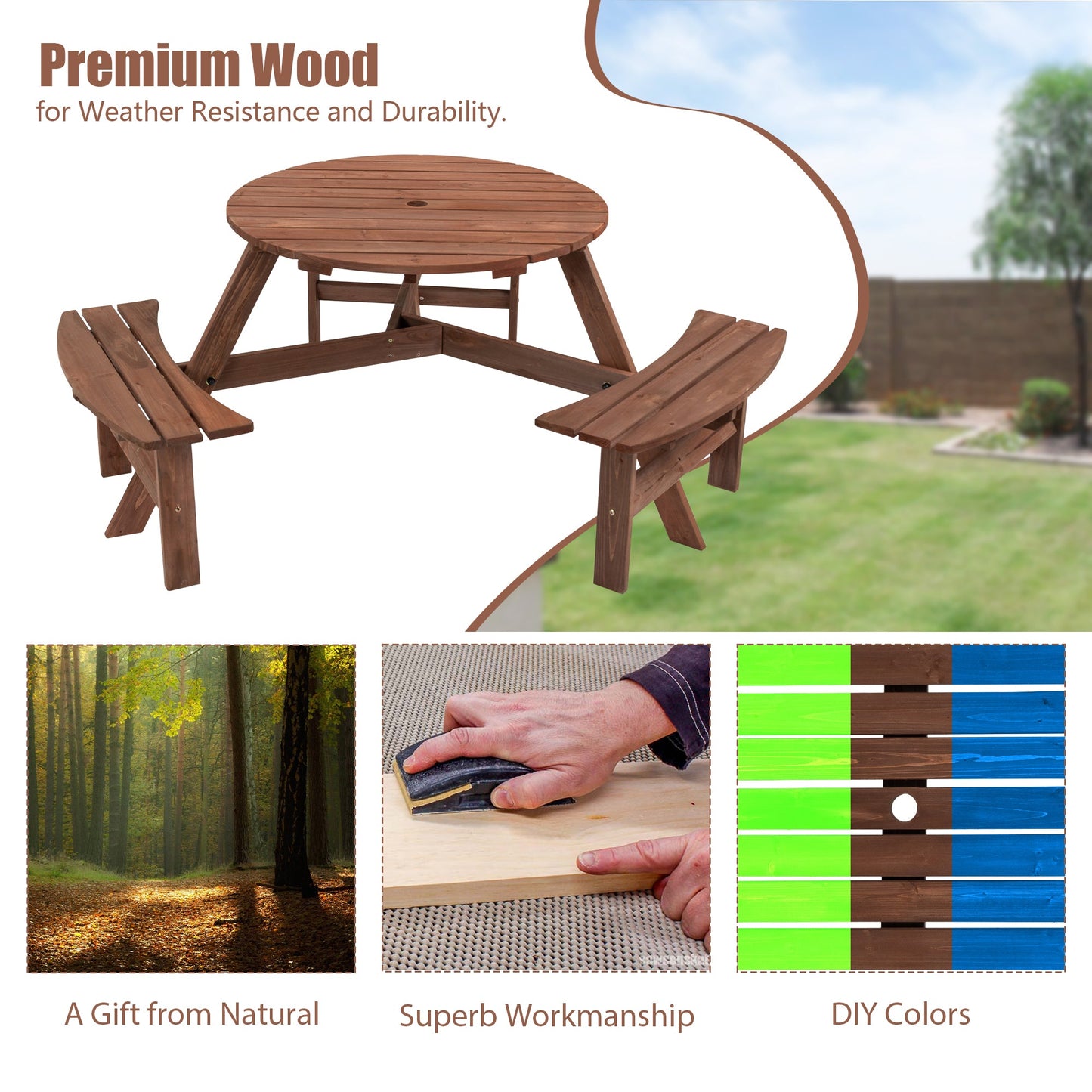 Outdoor Wooden Picnic Table 6 - Person Circular Design with Built - in Benches Brown Fir Wood - 1st Choice Furniture Direct
