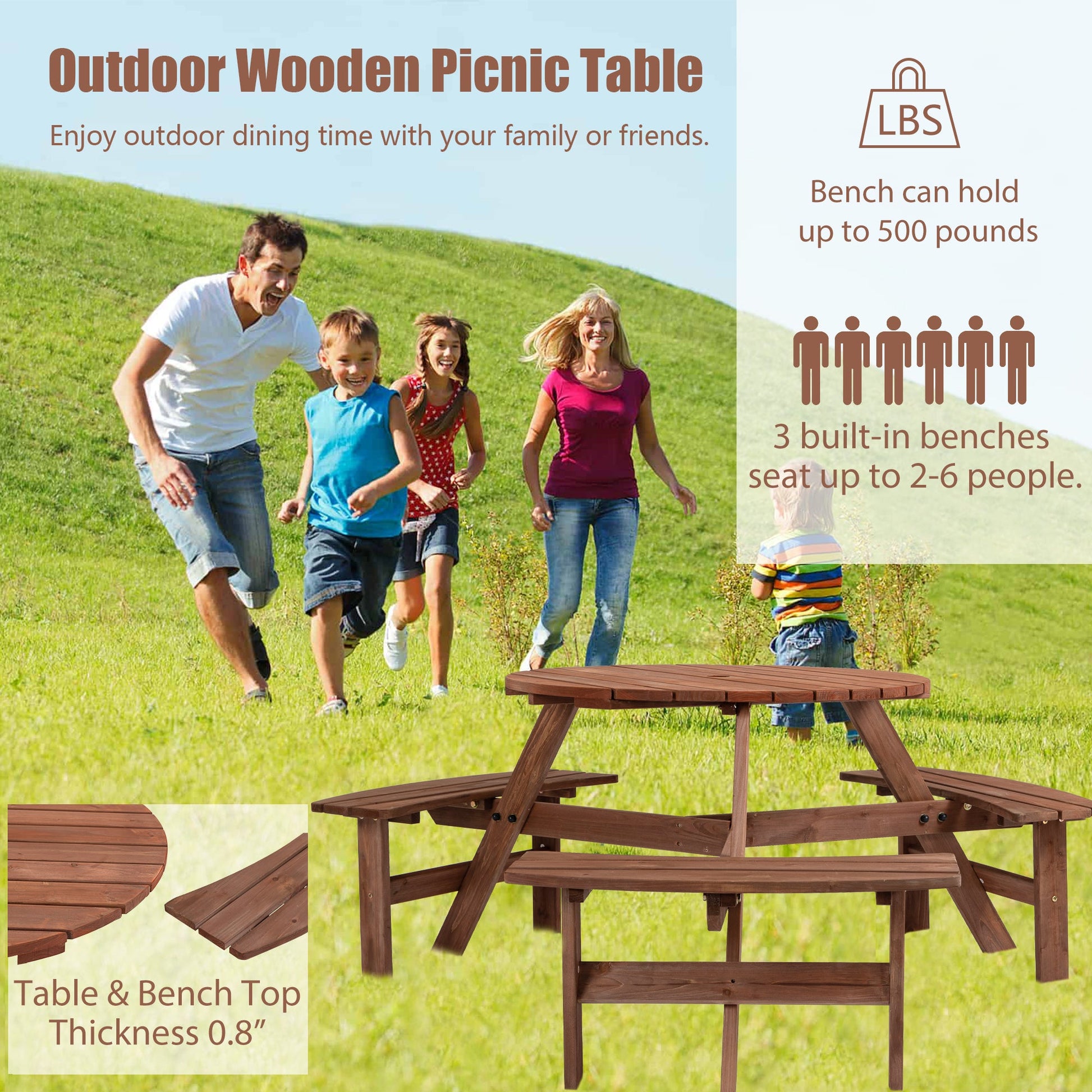 Outdoor Wooden Picnic Table 6 - Person Circular Design with Built - in Benches Brown Fir Wood - 1st Choice Furniture Direct