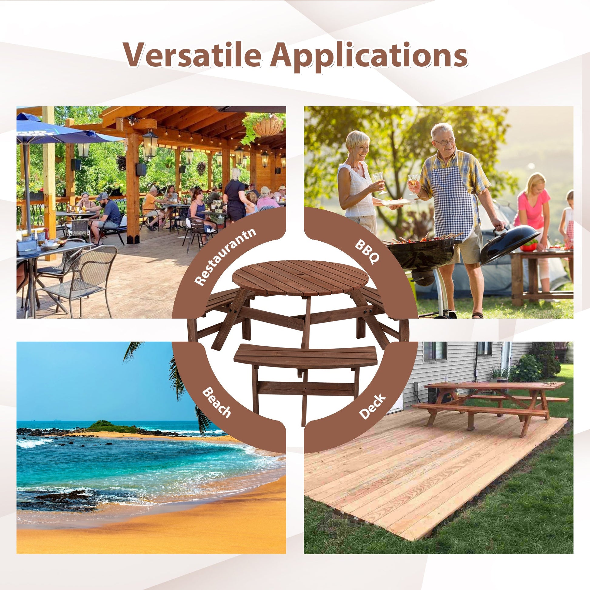 Outdoor Wooden Picnic Table 6 - Person Circular Design with Built - in Benches Brown Fir Wood - 1st Choice Furniture Direct