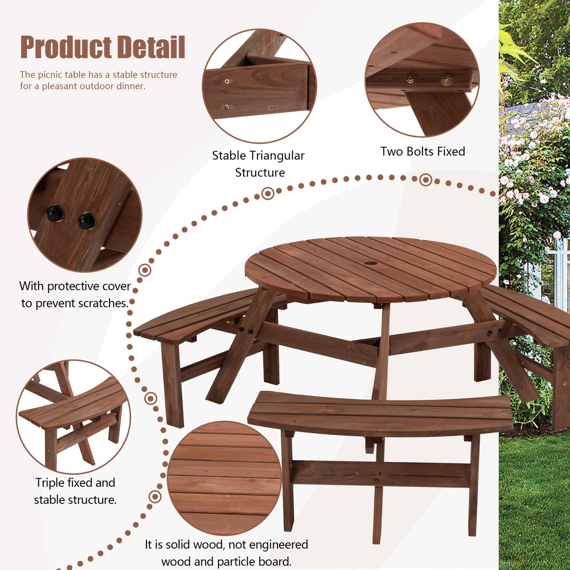 Outdoor Wooden Picnic Table 6 - Person Circular Design with Built - in Benches Brown Fir Wood - 1st Choice Furniture Direct