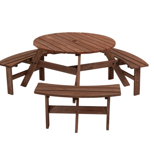 Outdoor Wooden Picnic Table 6 - Person Circular Design with Built - in Benches Brown Fir Wood - 1st Choice Furniture Direct