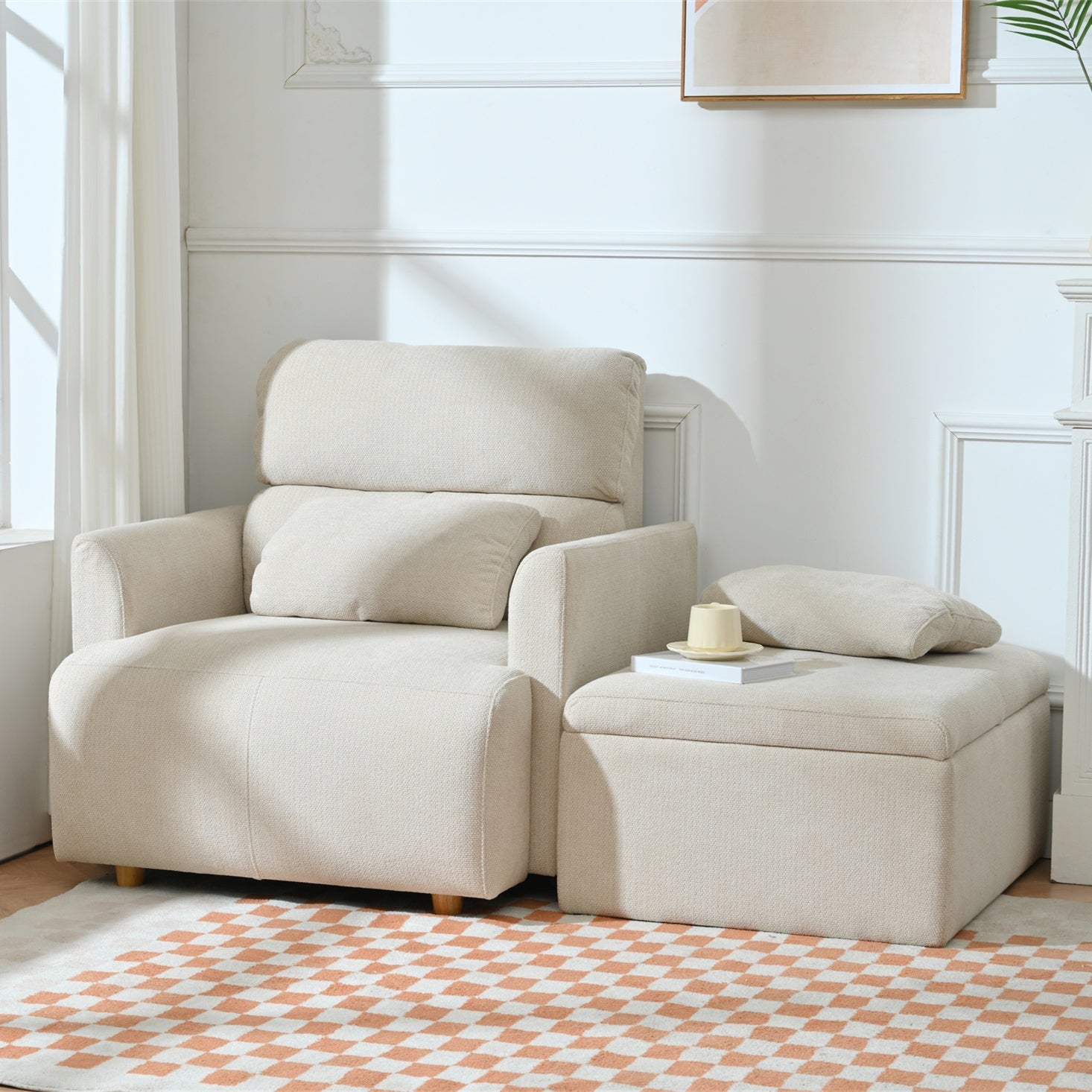 Oversized Chair w/Storage Ottoman, Wide Accent Armchair Chair for Living Room, Modern Lounge Chair, Upholstered Mid - Century Reading Chair, Comfy Living Room Chair, Deep Seat Sofa Couch(Beige Gray) - 1st Choice Furniture Direct