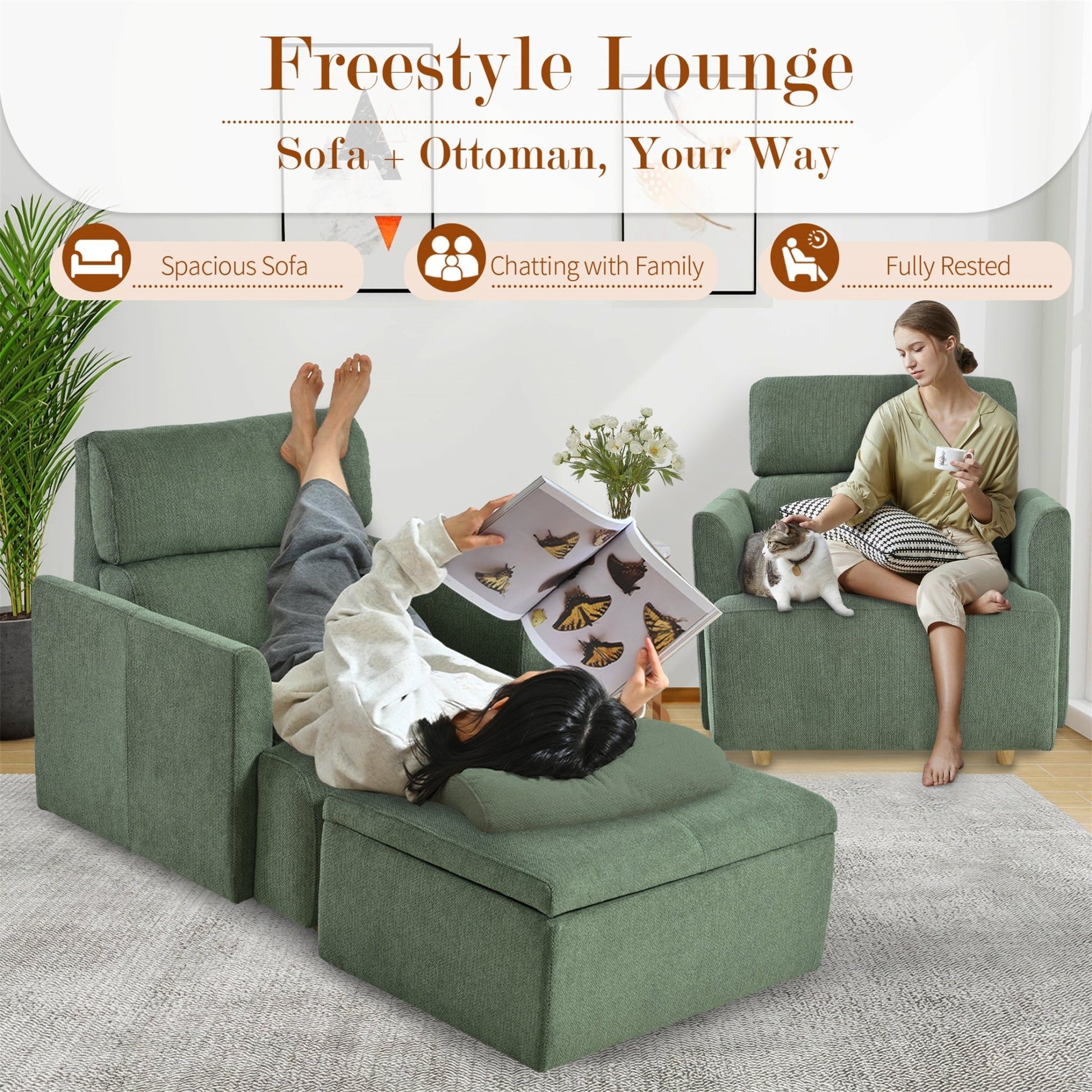 Oversized Chair w/Storage Ottoman, Wide Accent Armchair Chair for Living Room, Modern Lounge Chair, Upholstered Mid - Century Reading Chair, Comfy Living Room Chair, Deep Seat Sofa Couch(Dark Green) - 1st Choice Furniture Direct