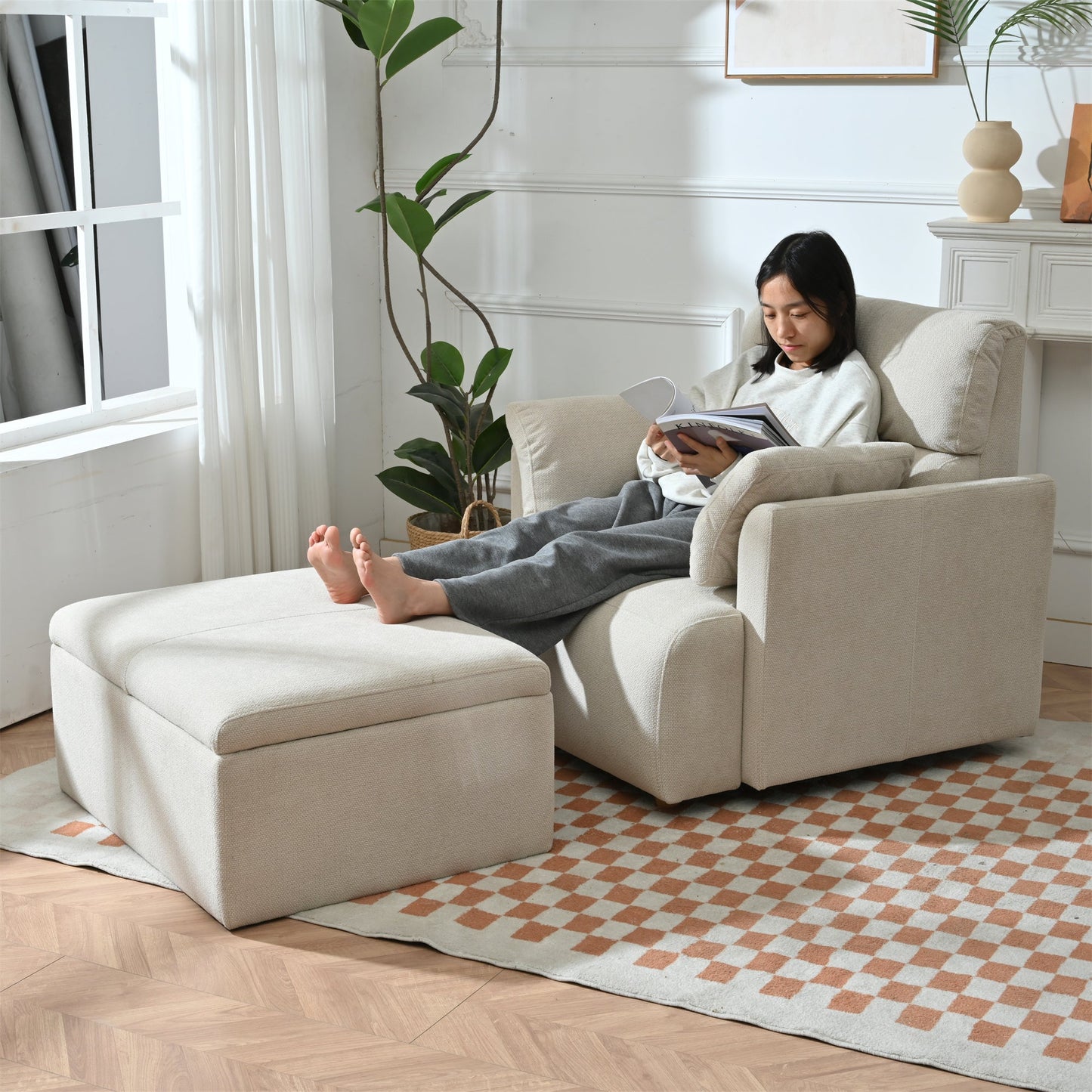 Oversized Chair w/Storage Ottoman, Wide Accent Armchair Chair for Living Room, Modern Lounge Chair, Upholstered Mid - Century Reading Chair, Comfy Living Room Chair, Deep Seat Sofa Couch(Beige Gray) - 1st Choice Furniture Direct