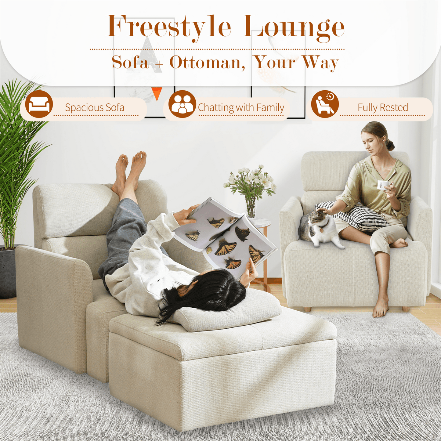 Oversized Chair w/Storage Ottoman, Wide Accent Armchair Chair for Living Room, Modern Lounge Chair, Upholstered Mid - Century Reading Chair, Comfy Living Room Chair, Deep Seat Sofa Couch(Beige Gray) - 1st Choice Furniture Direct