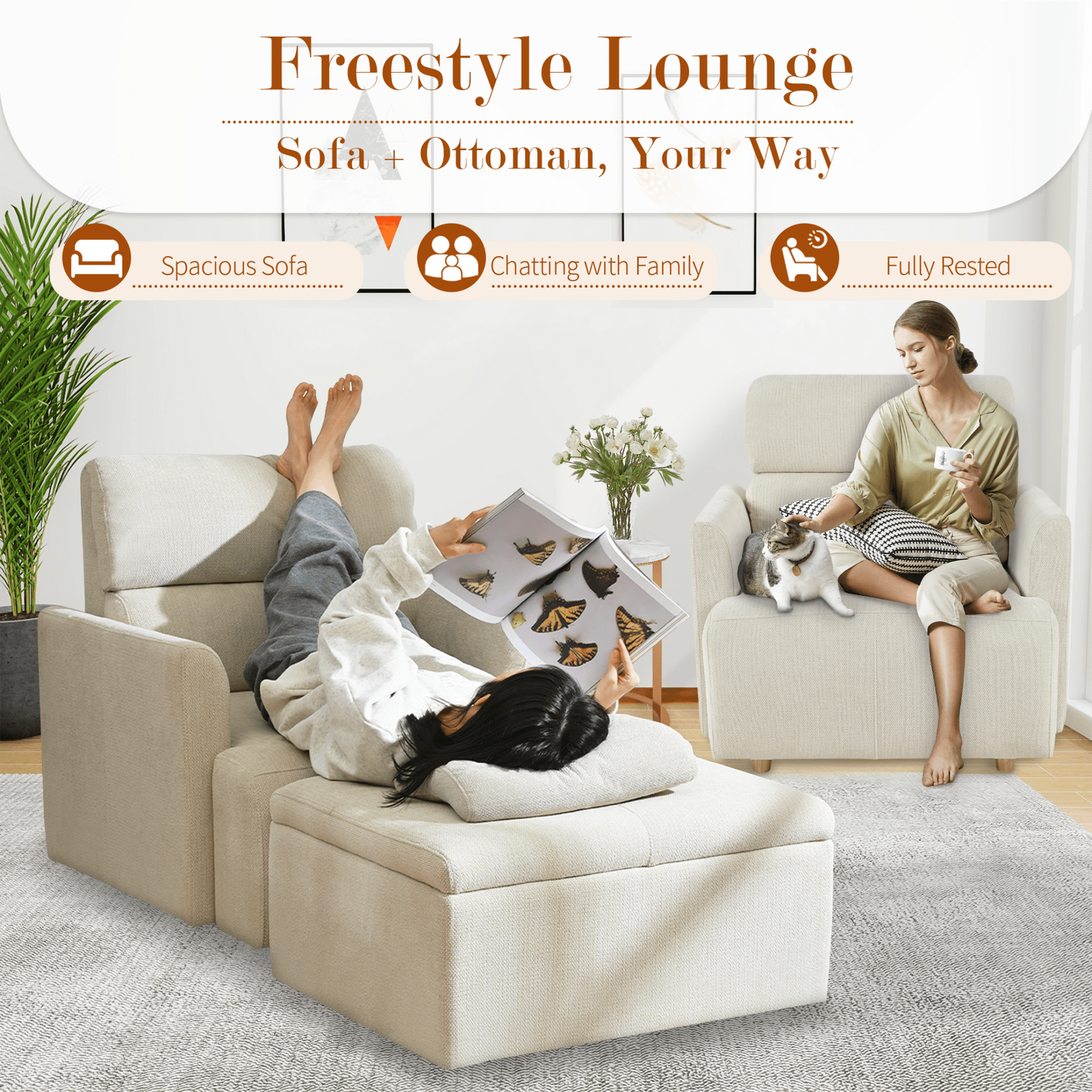 Oversized Chair w/Storage Ottoman, Wide Accent Armchair Chair for Living Room, Modern Lounge Chair, Upholstered Mid - Century Reading Chair, Comfy Living Room Chair, Deep Seat Sofa Couch(Beige Gray) - 1st Choice Furniture Direct