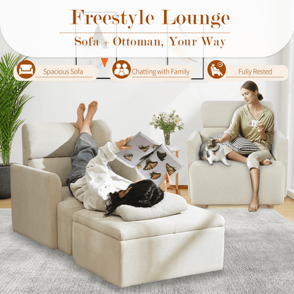 Oversized Chair w/Storage Ottoman, Wide Accent Armchair Chair for Living Room, Modern Lounge Chair, Upholstered Mid - Century Reading Chair, Comfy Living Room Chair, Deep Seat Sofa Couch(Beige Gray) - 1st Choice Furniture Direct