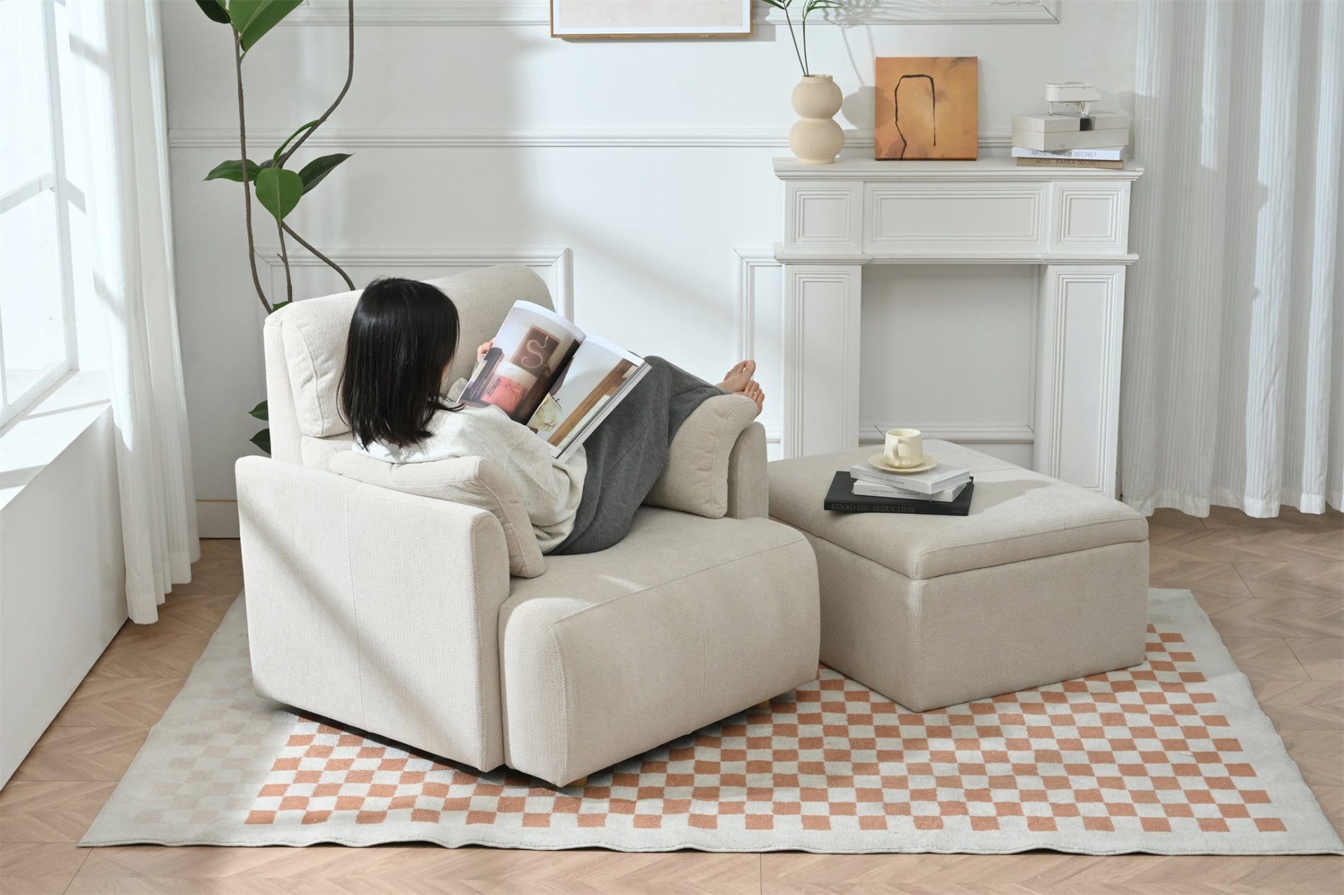 Oversized Chair w/Storage Ottoman, Wide Accent Armchair Chair for Living Room, Modern Lounge Chair, Upholstered Mid - Century Reading Chair, Comfy Living Room Chair, Deep Seat Sofa Couch(Beige Gray) - 1st Choice Furniture Direct