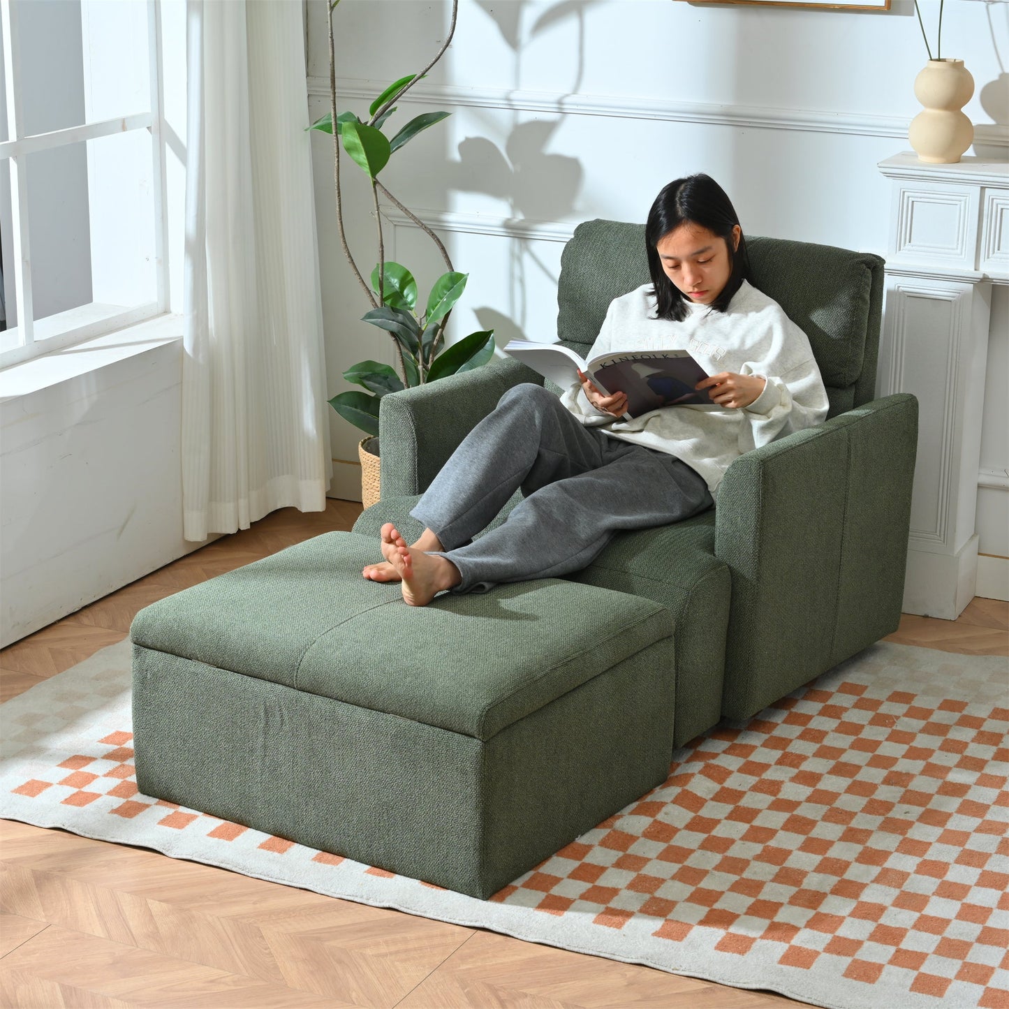 Oversized Chair w/Storage Ottoman, Wide Accent Armchair Chair for Living Room, Modern Lounge Chair, Upholstered Mid - Century Reading Chair, Comfy Living Room Chair, Deep Seat Sofa Couch(Dark Green) - 1st Choice Furniture Direct