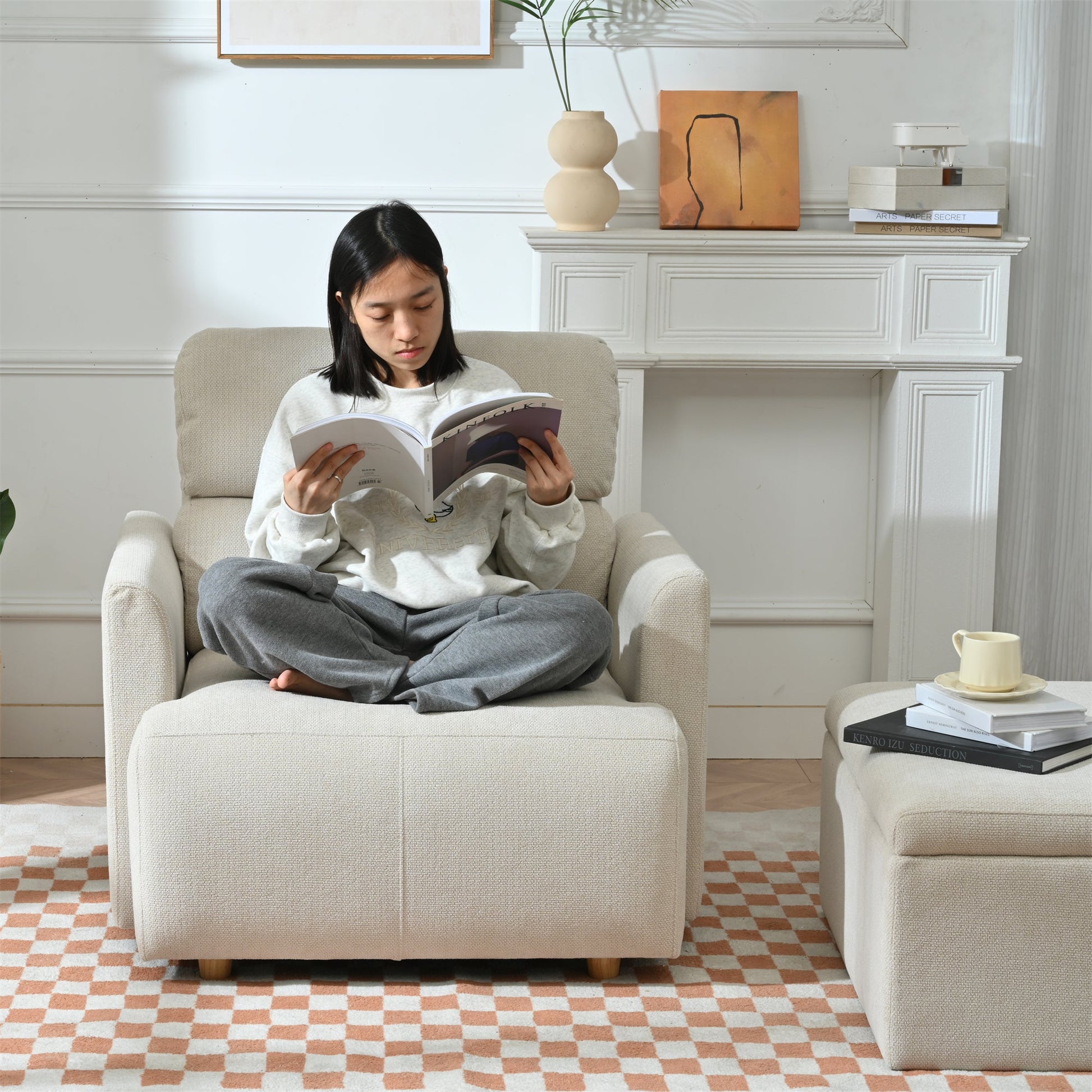 Oversized Chair w/Storage Ottoman, Wide Accent Armchair Chair for Living Room, Modern Lounge Chair, Upholstered Mid - Century Reading Chair, Comfy Living Room Chair, Deep Seat Sofa Couch(Beige Gray) - 1st Choice Furniture Direct
