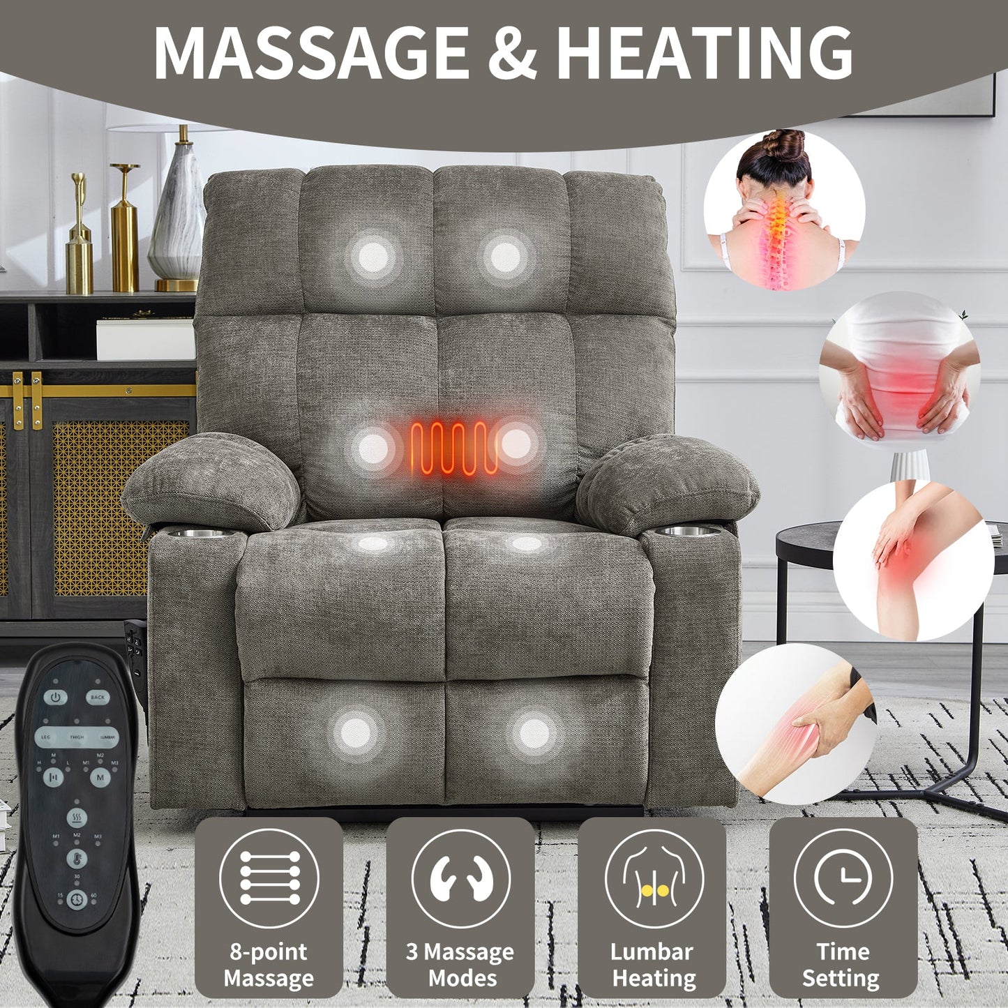 Oversized Dual Motor Power Lift Recliner with Heat, Massage & Cup Holders | 350 lb Capacity Chenille Chair (Brown) - 1st Choice Furniture Direct