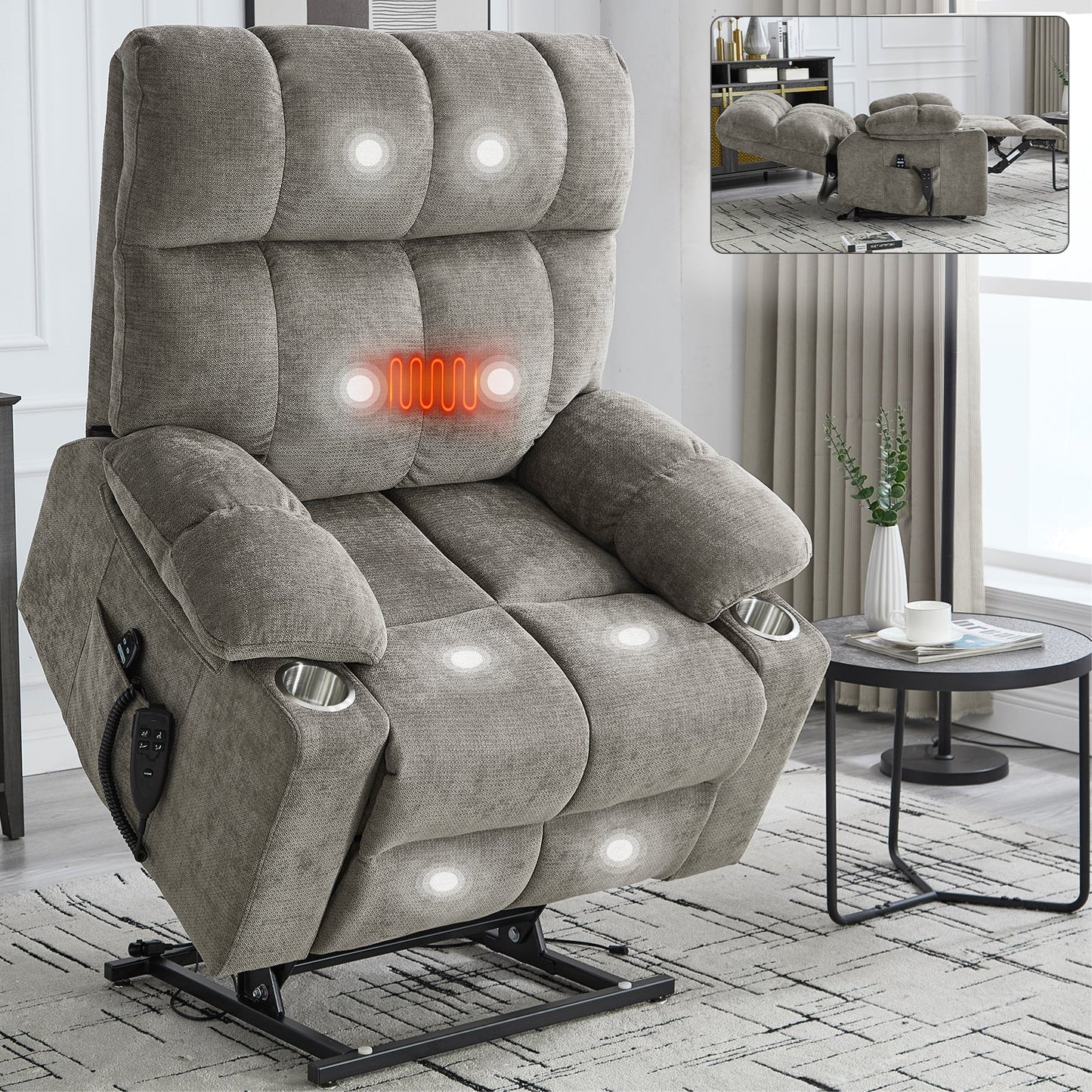 Oversized Dual Motor Power Lift Recliner with Heat, Massage & Cup Holders | 350 lb Capacity Chenille Chair (Brown) - 1st Choice Furniture Direct