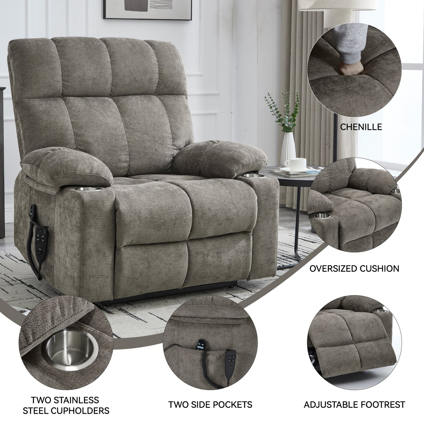 Oversized Dual Motor Power Lift Recliner with Heat, Massage & Cup Holders | 350 lb Capacity Chenille Chair (Brown) - 1st Choice Furniture Direct