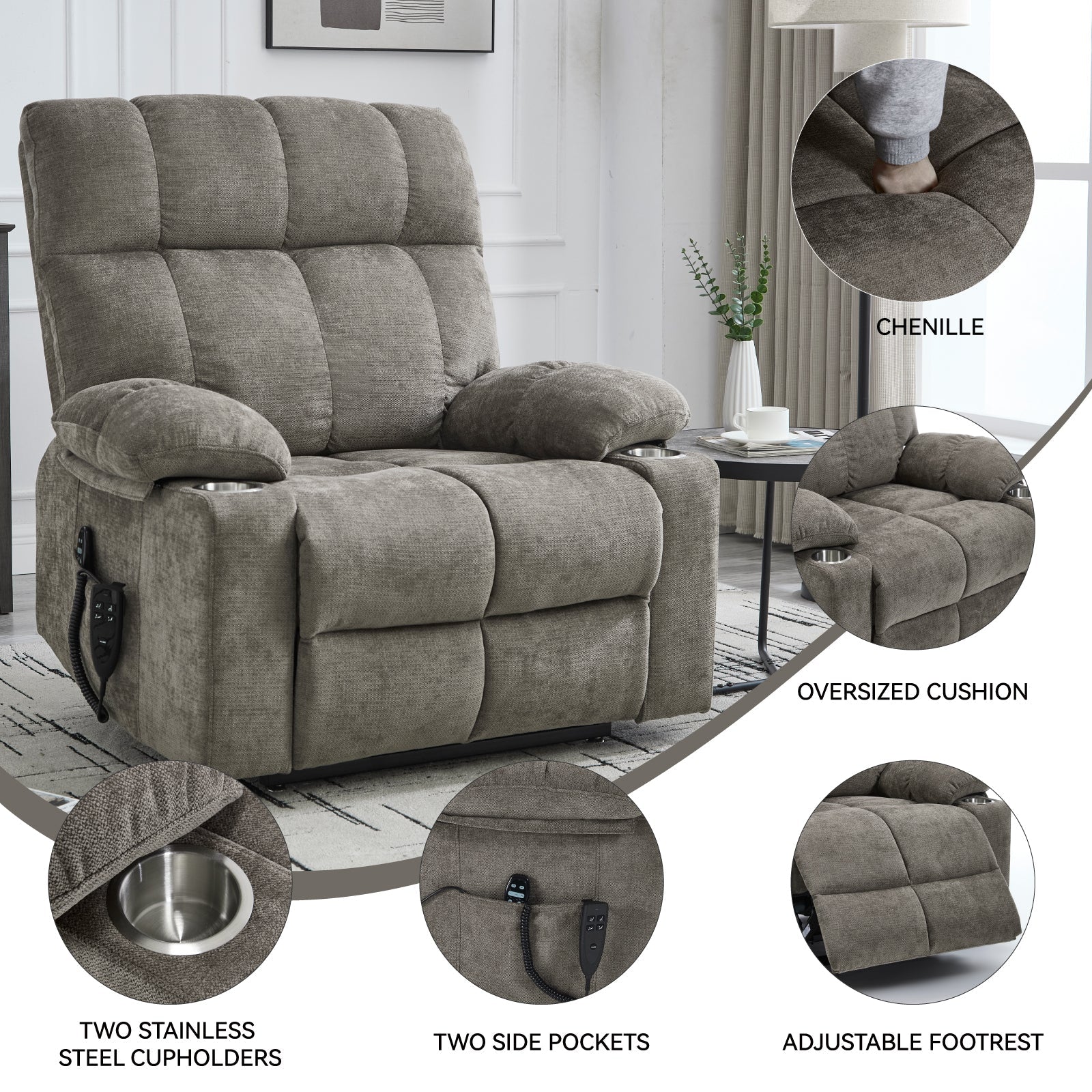 Oversized Dual Motor Power Lift Recliner with Heat, Massage & Cup Holders | 350 lb Capacity Chenille Chair (Brown) - 1st Choice Furniture Direct