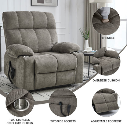 Oversized Dual Motor Power Lift Recliner with Heat, Massage & Cup Holders | 350 lb Capacity Chenille Chair (Brown) - 1st Choice Furniture Direct