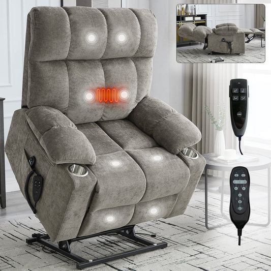 Oversized Dual Motor Power Lift Recliner with Heat, Massage & Cup Holders | 350 lb Capacity Chenille Chair (Brown) - 1st Choice Furniture Direct