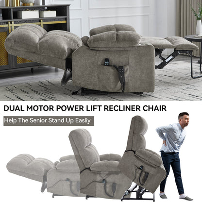 Oversized Dual Motor Power Lift Recliner with Heat, Massage & Cup Holders | 350 lb Capacity Chenille Chair (Brown) - 1st Choice Furniture Direct