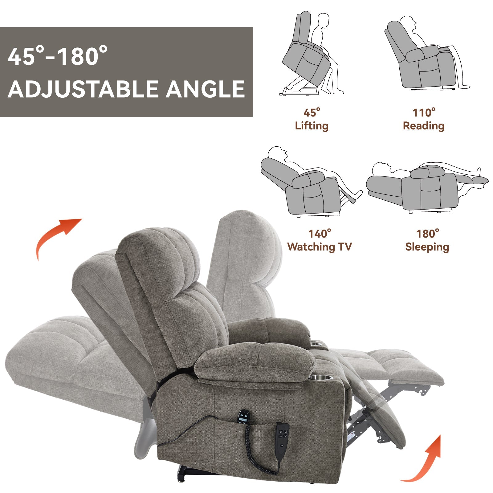 Oversized Dual Motor Power Lift Recliner with Heat, Massage & Cup Holders | 350 lb Capacity Chenille Chair (Brown) - 1st Choice Furniture Direct