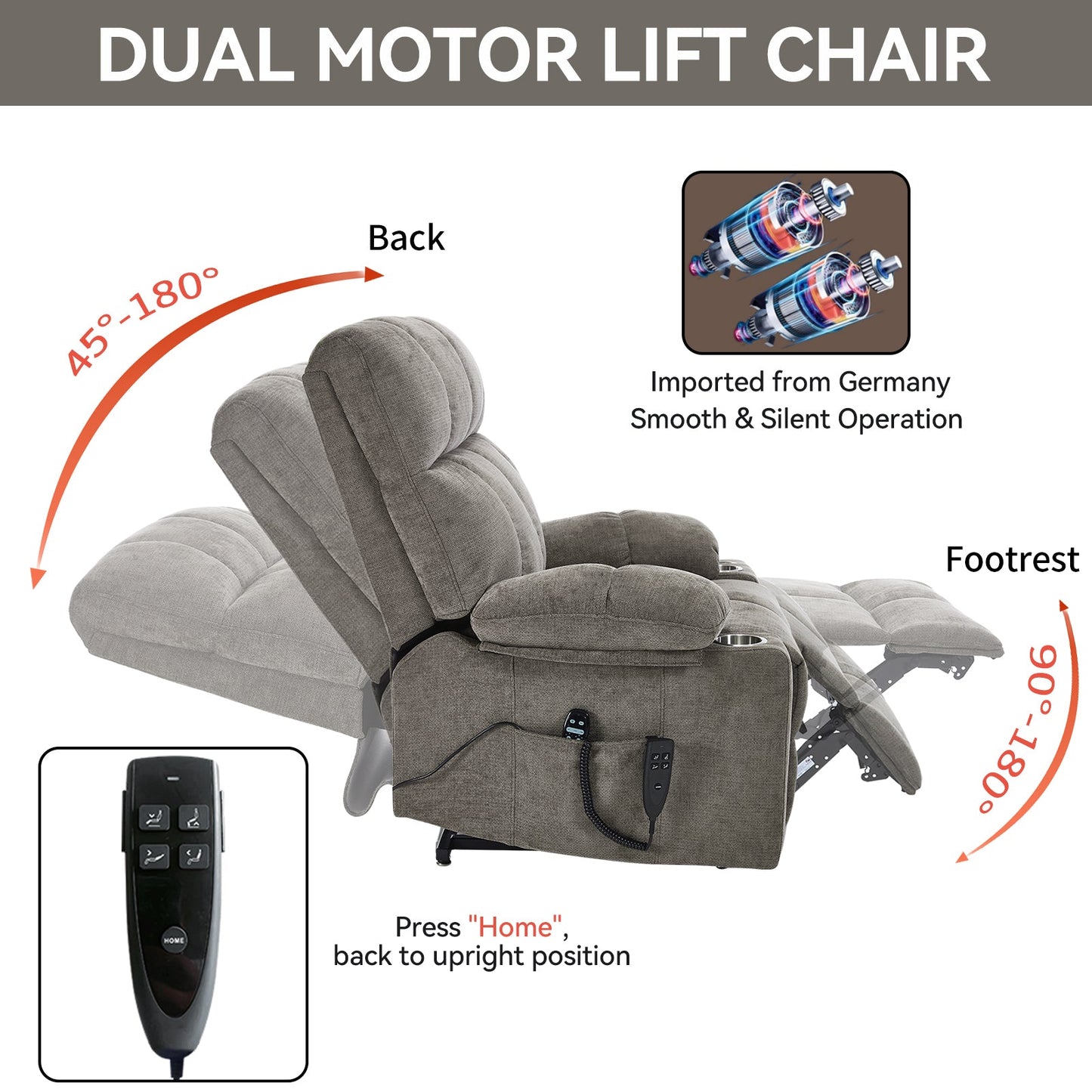 Oversized Dual Motor Power Lift Recliner with Heat, Massage & Cup Holders | 350 lb Capacity Chenille Chair (Brown) - 1st Choice Furniture Direct