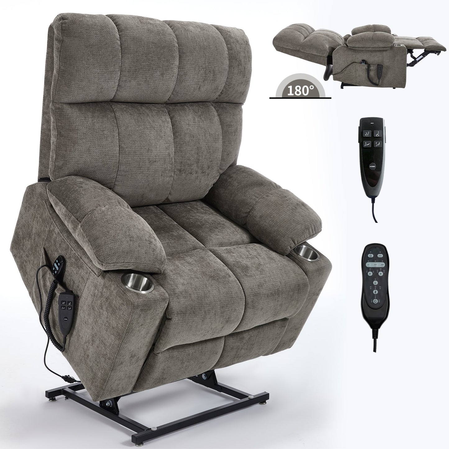 Oversized Dual Motor Power Lift Recliner with Heat, Massage & Cup Holders | 350 lb Capacity Chenille Chair (Brown) - 1st Choice Furniture Direct