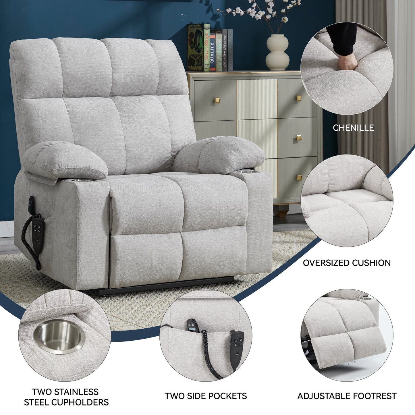 Oversized Power Lift Recliner with Dual Motor, Massage and Heat - 1st Choice Furniture Direct