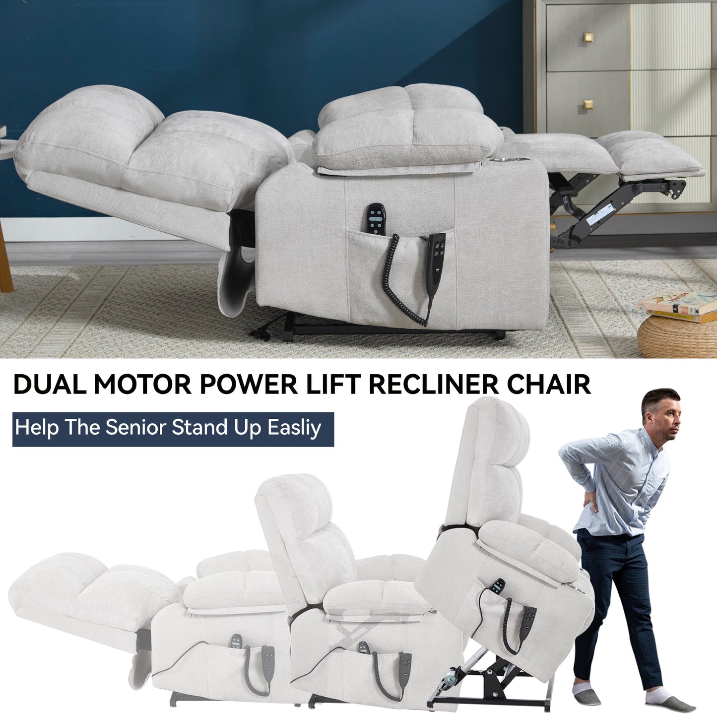 Oversized Power Lift Recliner with Dual Motor, Massage and Heat - 1st Choice Furniture Direct