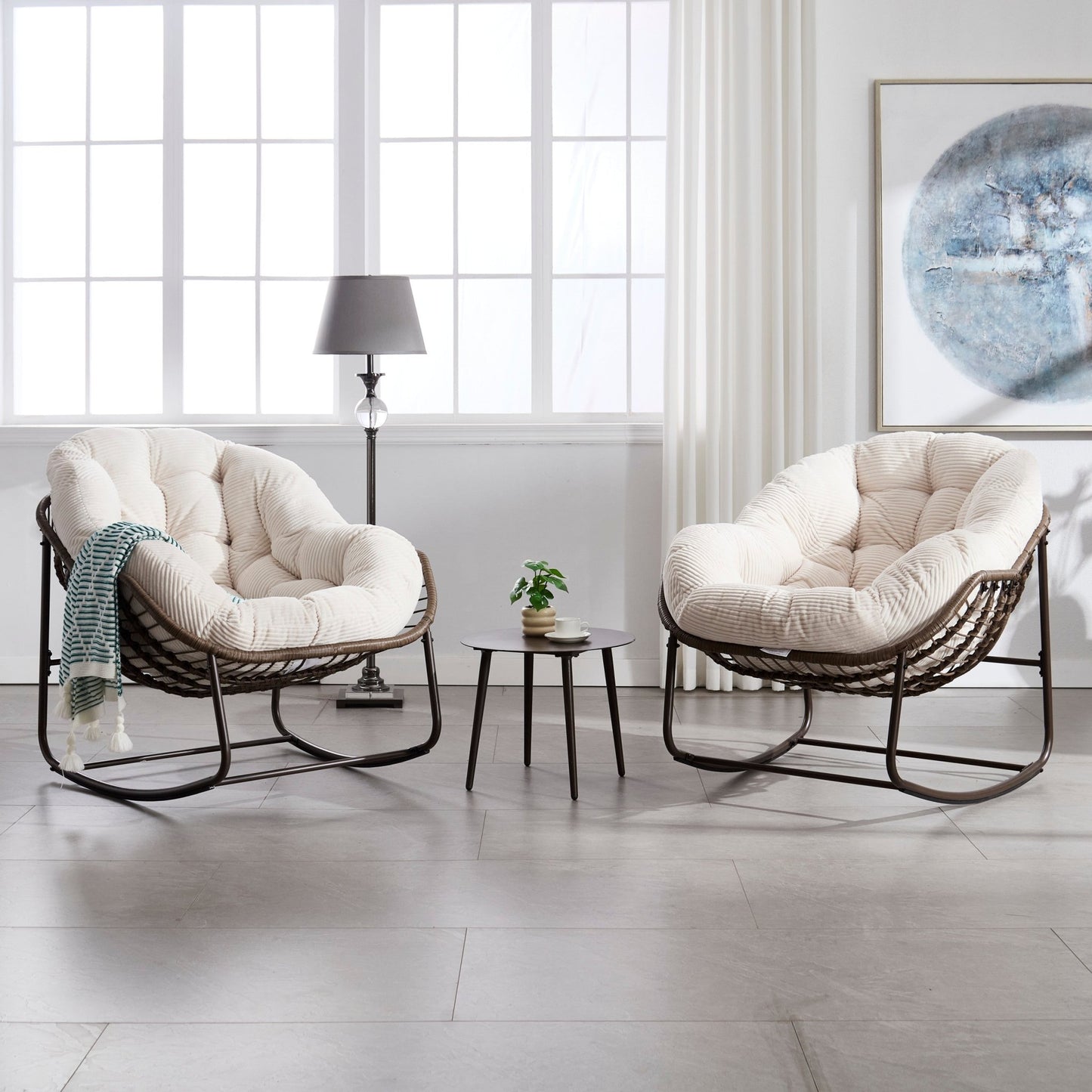 Oversized White Outdoor Rattan Rocking Chair with Cushion - 1st Choice Furniture Direct