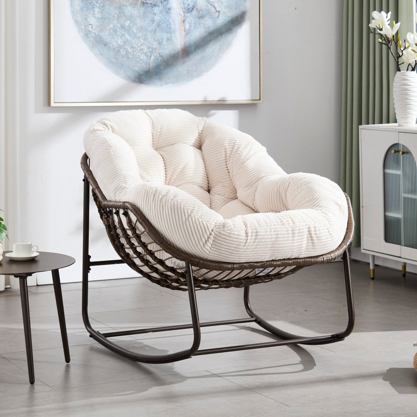 Oversized White Outdoor Rattan Rocking Chair with Cushion - 1st Choice Furniture Direct