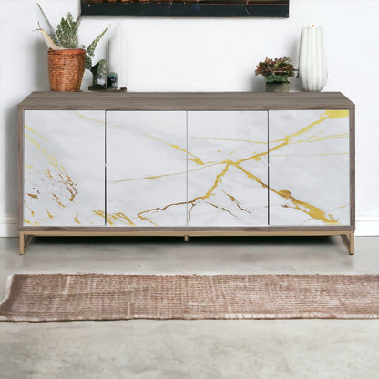 Paavan White Marble Paint Oak & Champagne Finish Console Cabinet - 1st Choice Furniture Direct