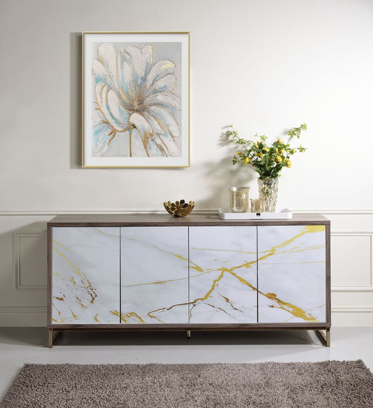 Paavan White Marble Paint Oak & Champagne Finish Console Cabinet - 1st Choice Furniture Direct