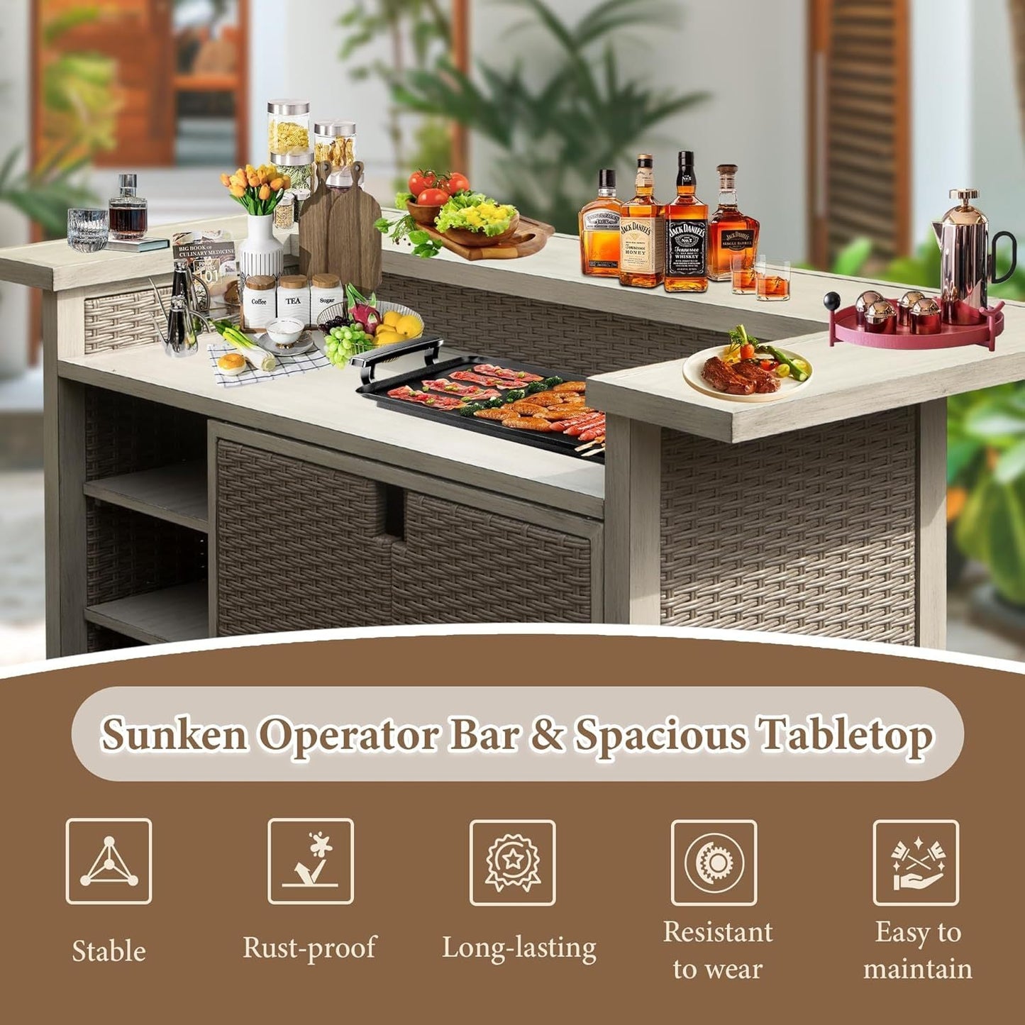 Patio Bar Table, Outdoor Aluminum PE Wicker Bar Cart with Cabinet, All Weather Use Storage Patio Cabinet for Patio Kitchen or Bar Cart, Wood Grain - 1st Choice Furniture Direct