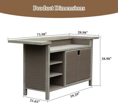 Patio Bar Table, Outdoor Aluminum PE Wicker Bar Cart with Cabinet, All Weather Use Storage Patio Cabinet for Patio Kitchen or Bar Cart, Wood Grain - 1st Choice Furniture Direct