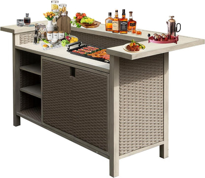 Patio Bar Table, Outdoor Aluminum PE Wicker Bar Cart with Cabinet, All Weather Use Storage Patio Cabinet for Patio Kitchen or Bar Cart, Wood Grain - 1st Choice Furniture Direct