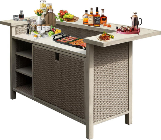 Patio Bar Table, Outdoor Aluminum PE Wicker Bar Cart with Cabinet, All Weather Use Storage Patio Cabinet for Patio Kitchen or Bar Cart, Wood Grain - 1st Choice Furniture Direct