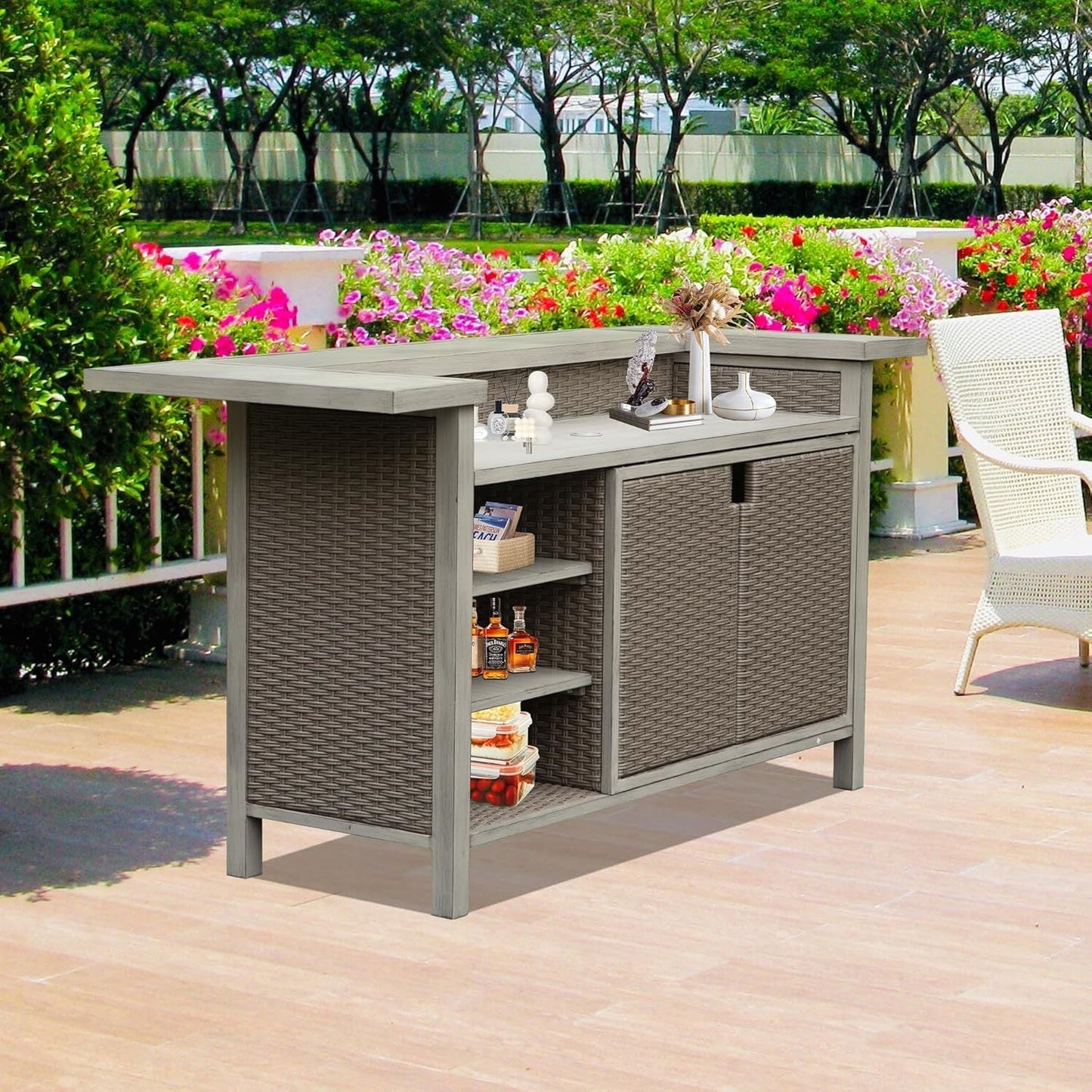 Patio Bar Table, Outdoor Aluminum PE Wicker Bar Cart with Cabinet, All Weather Use Storage Patio Cabinet for Patio Kitchen or Bar Cart, Wood Grain - 1st Choice Furniture Direct