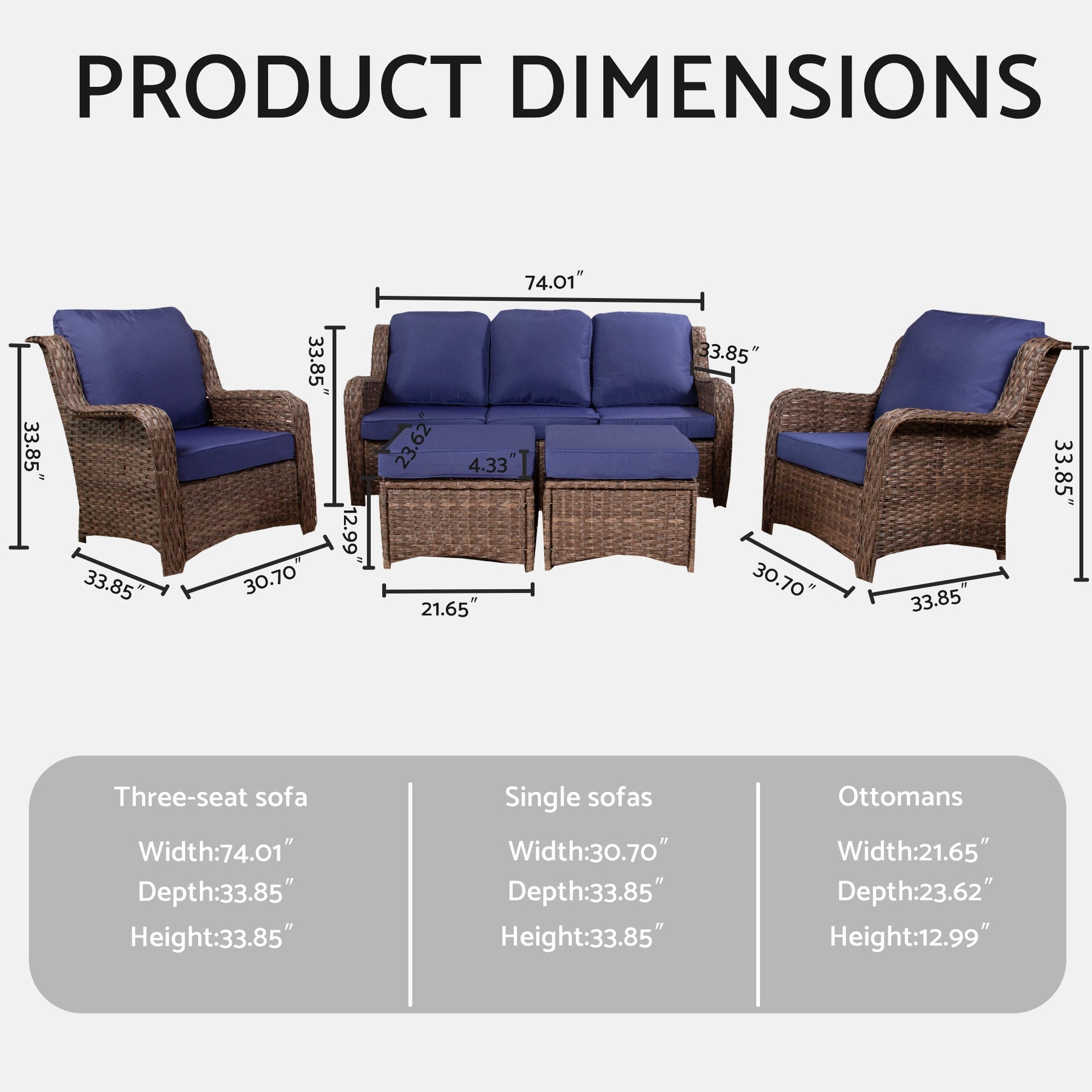 Patio Furniture Set Rattan Outdoor Sectional Conversation Sets 3-Seat Outdoor Couch,2 Single Chair and 2 Ottoman for Lawn, Balcony, Garden, Backyard (Gray-Navy, Set of 5) - 1st Choice Furniture Direct