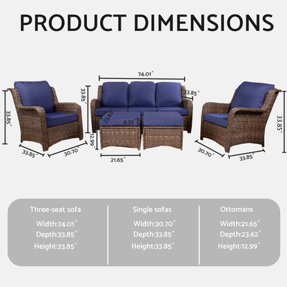 Patio Furniture Set Rattan Outdoor Sectional Conversation Sets 3-Seat Outdoor Couch,2 Single Chair and 2 Ottoman for Lawn, Balcony, Garden, Backyard (Gray-Navy, Set of 5) - 1st Choice Furniture Direct