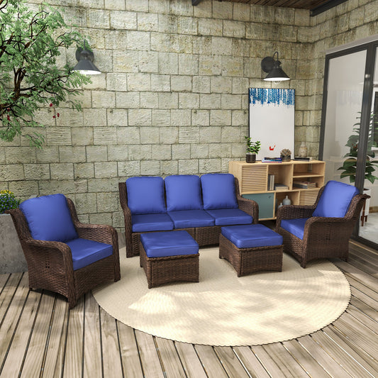 Patio Furniture Set Rattan Outdoor Sectional Conversation Sets 3 - Seat Outdoor Couch,2 Single Chair and 2 Ottoman for Lawn, Balcony, Garden, Backyard (Gray - Navy, Set of 5) - 1st Choice Furniture Direct