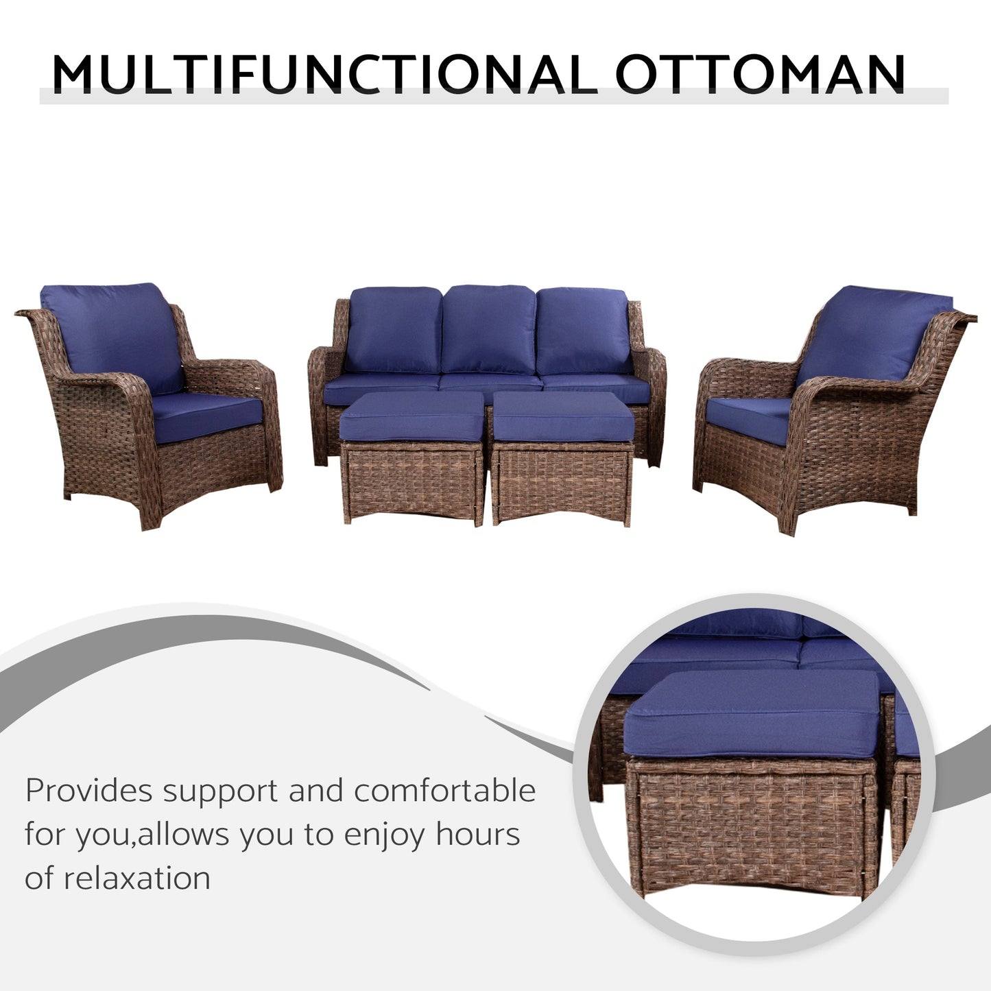 Patio Furniture Set Rattan Outdoor Sectional Conversation Sets 3-Seat Outdoor Couch,2 Single Chair and 2 Ottoman for Lawn, Balcony, Garden, Backyard (Gray-Navy, Set of 5) - 1st Choice Furniture Direct