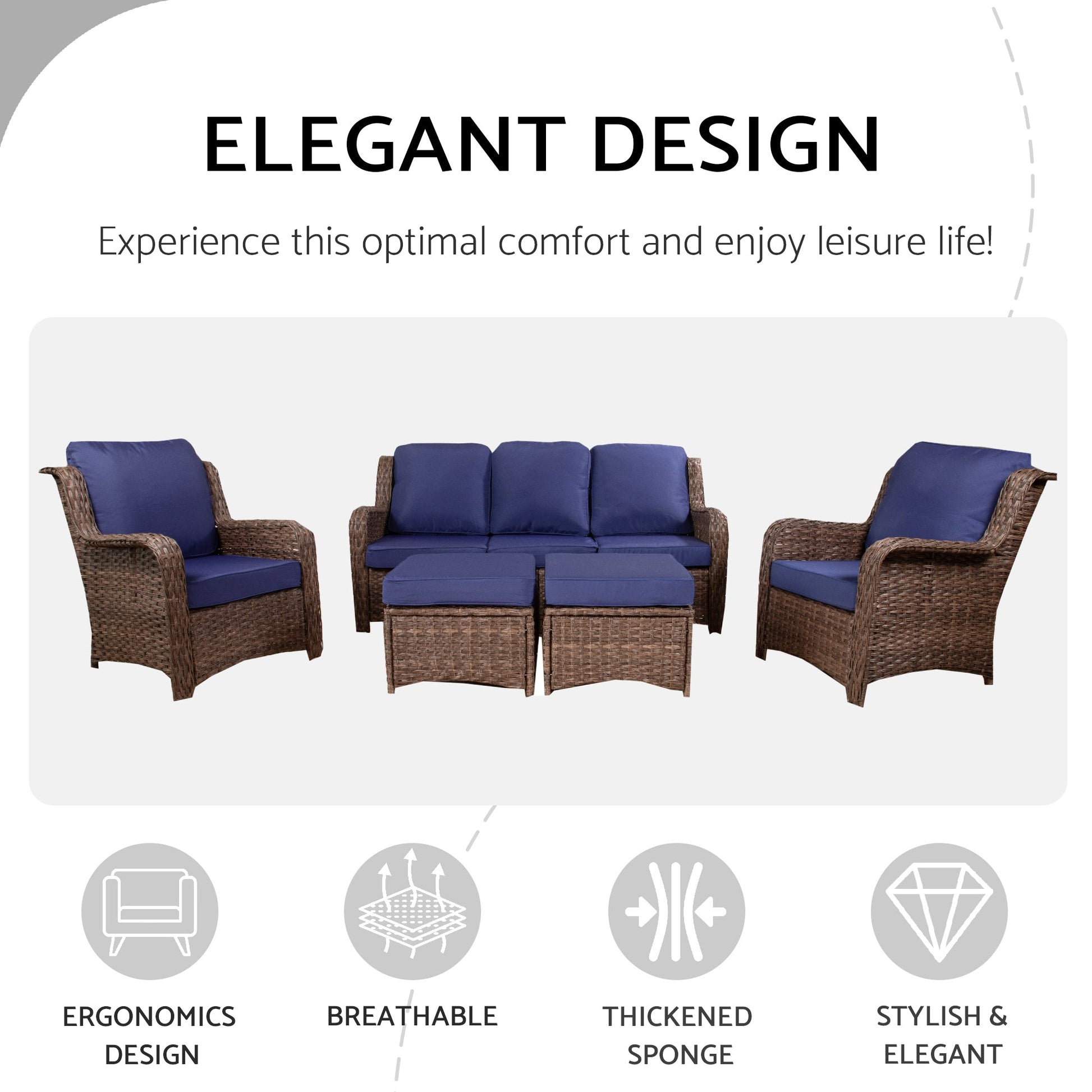 Patio Furniture Set Rattan Outdoor Sectional Conversation Sets 3-Seat Outdoor Couch,2 Single Chair and 2 Ottoman for Lawn, Balcony, Garden, Backyard (Gray-Navy, Set of 5) - 1st Choice Furniture Direct