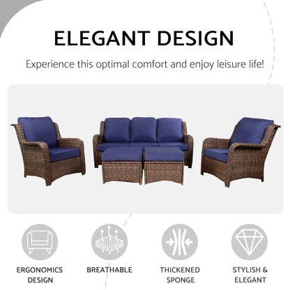 Patio Furniture Set Rattan Outdoor Sectional Conversation Sets 3-Seat Outdoor Couch,2 Single Chair and 2 Ottoman for Lawn, Balcony, Garden, Backyard (Gray-Navy, Set of 5) - 1st Choice Furniture Direct