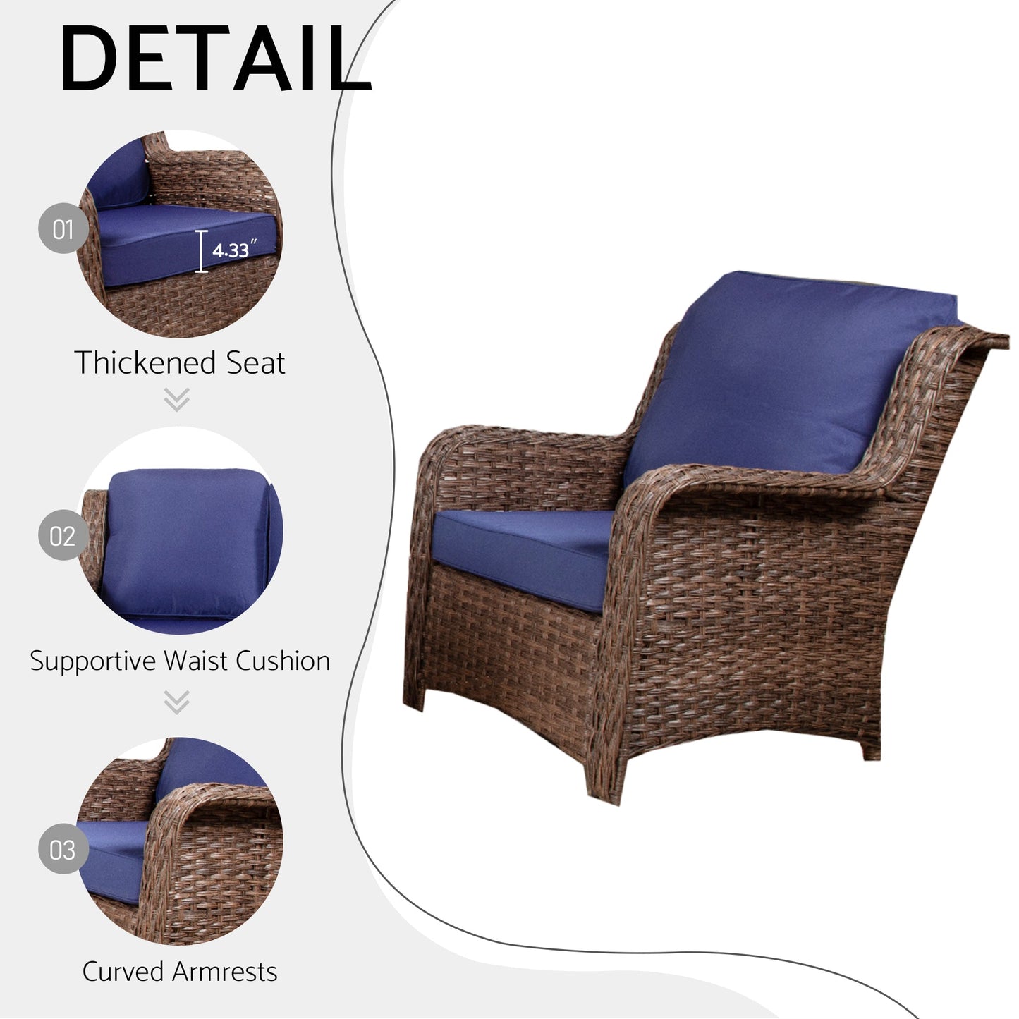 Patio Furniture Set Rattan Outdoor Sectional Conversation Sets 3-Seat Outdoor Couch,2 Single Chair and 2 Ottoman for Lawn, Balcony, Garden, Backyard (Gray-Navy, Set of 5) - 1st Choice Furniture Direct
