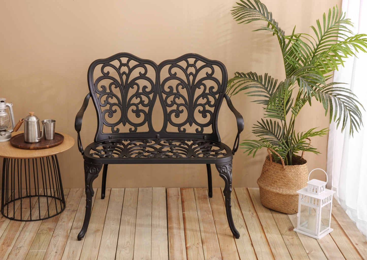 Patio Garden Bench Metal Park Bench Cast Aluminum Outdoor Furniture with Floral Rose for Patio,Park,Lawn,Yard Black - 1st Choice Furniture Direct
