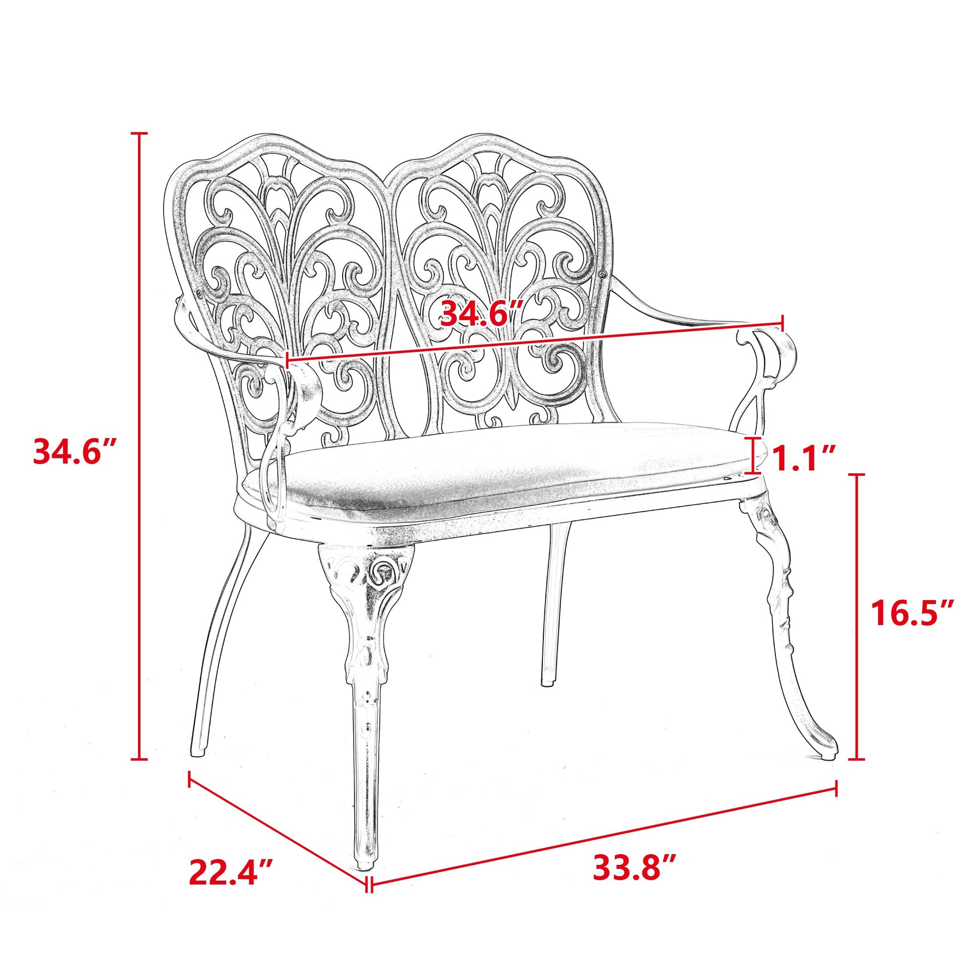 Patio Garden Bench Metal Park Bench Cast Aluminum Outdoor Furniture with Floral Rose for Patio,Park,Lawn,Yard with cushion white - 1st Choice Furniture Direct