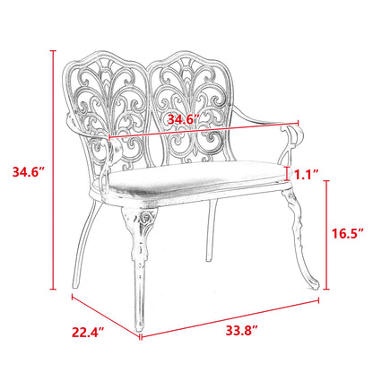 Patio Garden Bench Metal Park Bench Cast Aluminum Outdoor Furniture with Floral Rose for Patio,Park,Lawn,Yard with cushion white - 1st Choice Furniture Direct