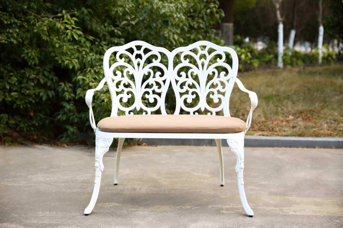 Patio Garden Bench Metal Park Bench Cast Aluminum Outdoor Furniture with Floral Rose for Patio,Park,Lawn,Yard with cushion white - 1st Choice Furniture Direct