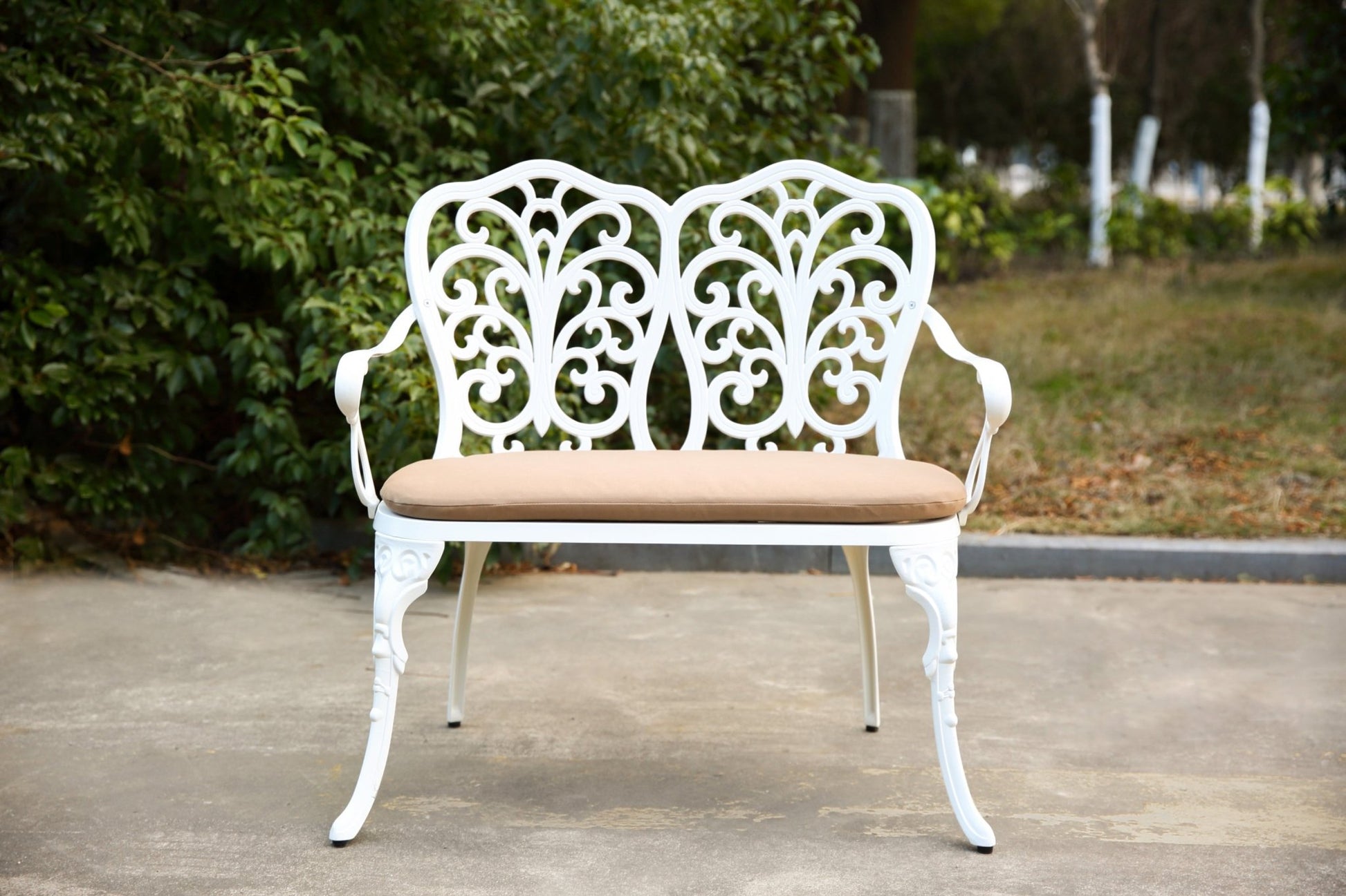 Patio Garden Bench Metal Park Bench Cast Aluminum Outdoor Furniture with Floral Rose for Patio,Park,Lawn,Yard with cushion white - 1st Choice Furniture Direct