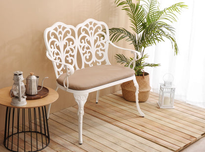 Patio Garden Bench Metal Park Bench Cast Aluminum Outdoor Furniture with Floral Rose for Patio,Park,Lawn,Yard with cushion white - 1st Choice Furniture Direct