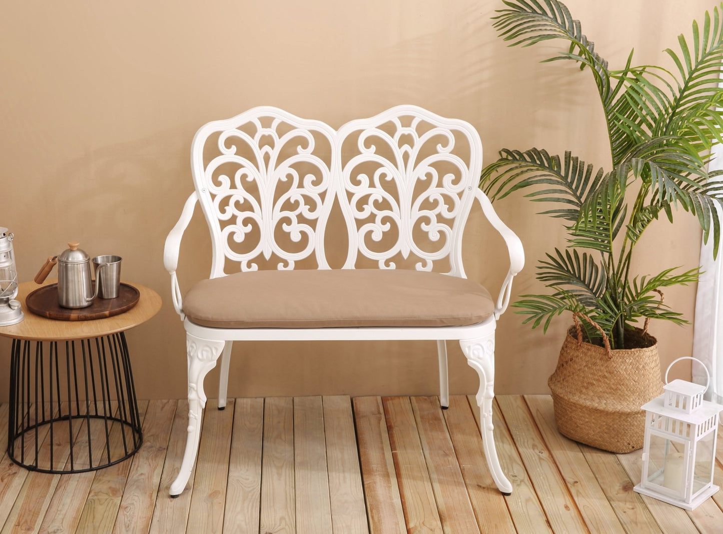 Patio Garden Bench Metal Park Bench Cast Aluminum Outdoor Furniture with Floral Rose for Patio,Park,Lawn,Yard with cushion white - 1st Choice Furniture Direct